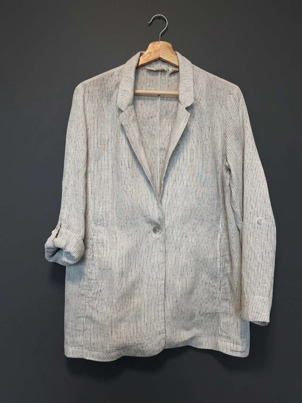 100% Linen Christian Serrano Light Gray Striped Women's Blazer Jacket